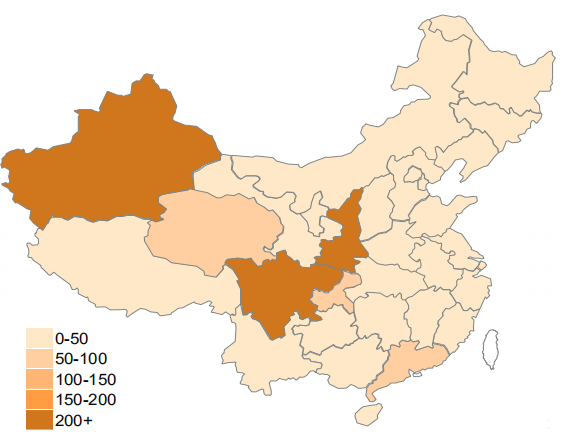 2017 年各省份天然气产量分布图